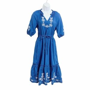 Draper James Boho Embroidered Midi Dress Womens X Small Blue Ruffle Hem Peasant